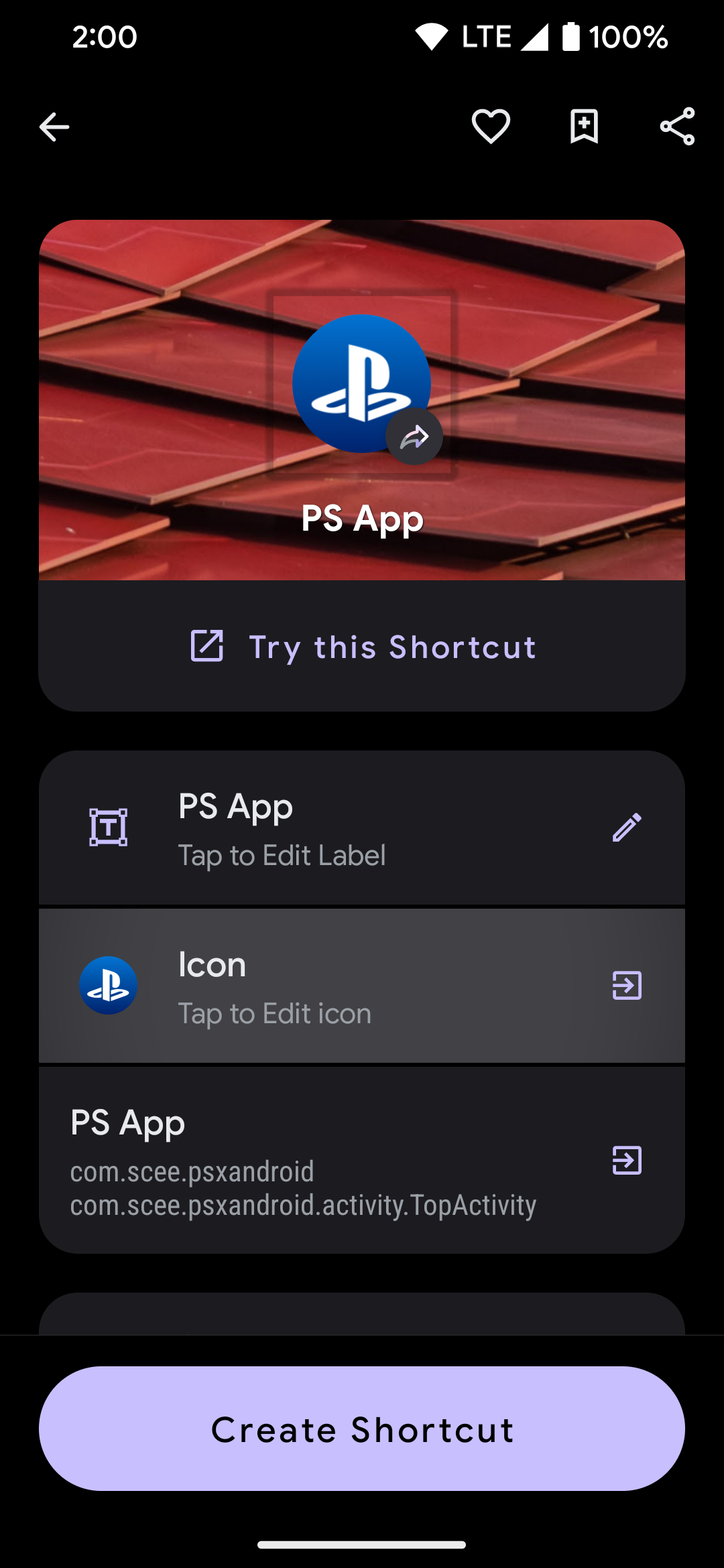 Tocar na seção Ícone do aplicativo PS para começar a editar seu tema de ícone no aplicativo Shortcut Maker para Android
