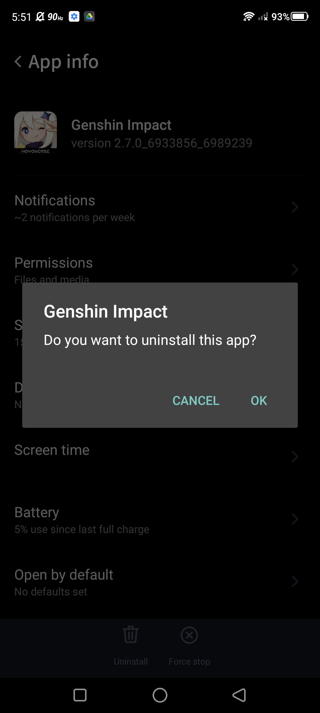 Confirme a reinstalação do aplicativo móvel Genshin Impact