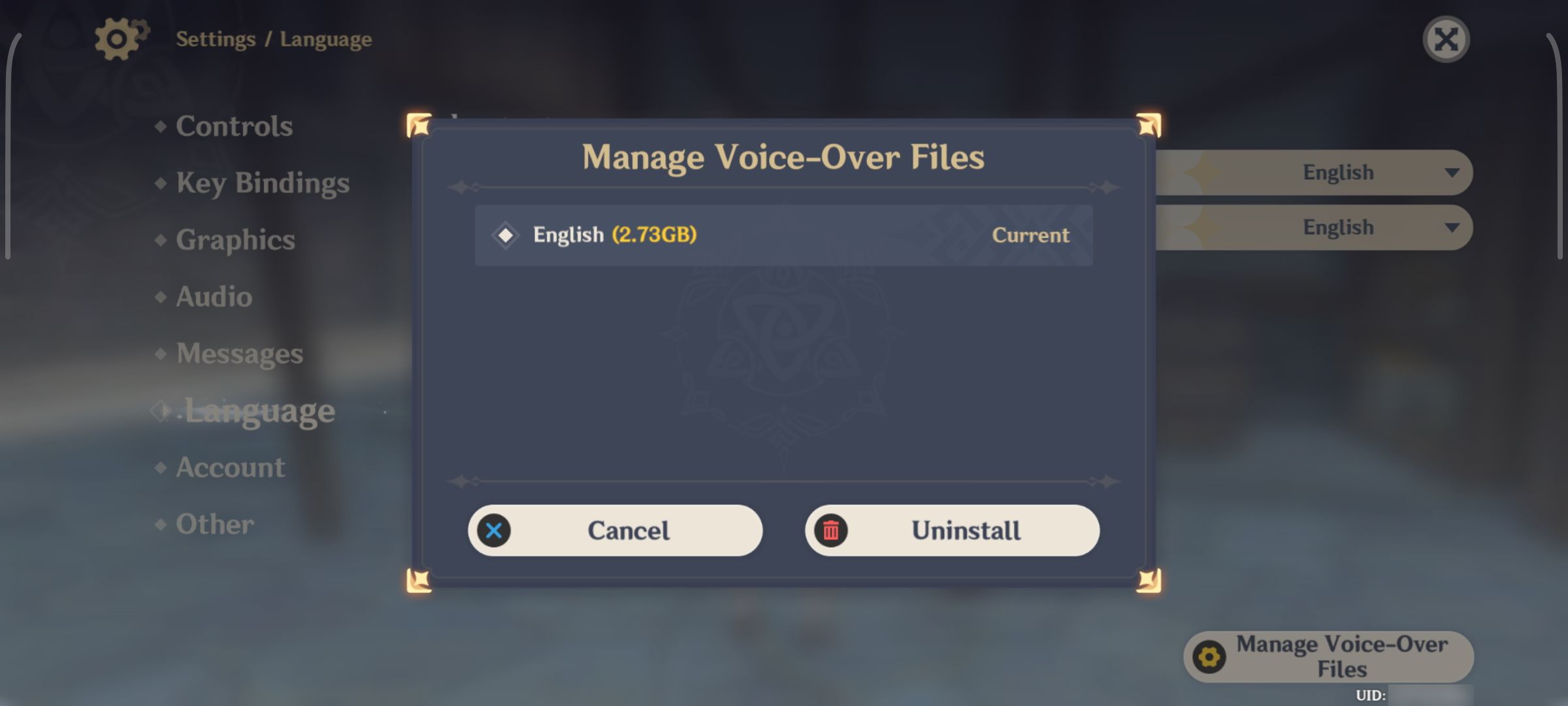 Genshin Impact gerencia a janela de arquivos de narração para pacotes de voz listados no Android