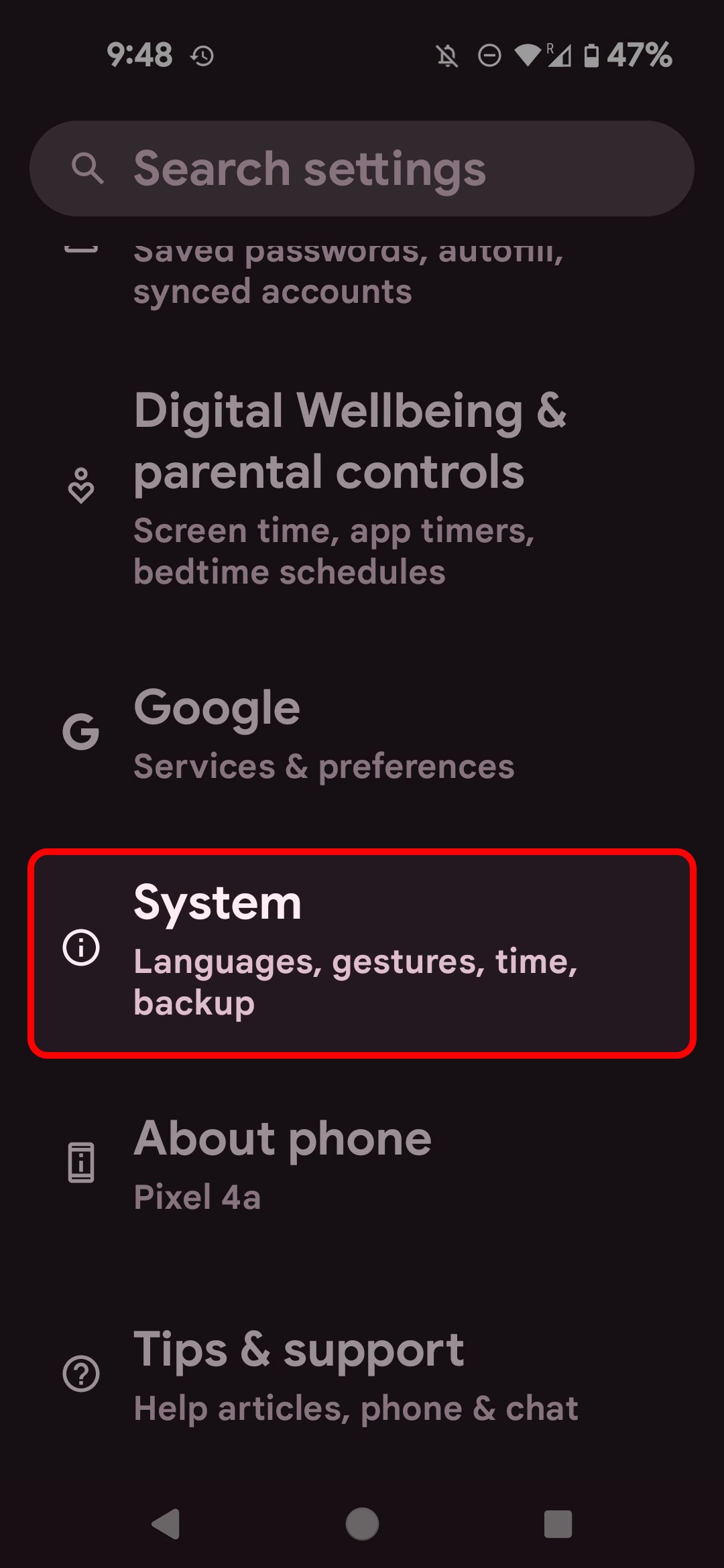 Menu de configurações do Android destacando a seleção do menu Sistema
