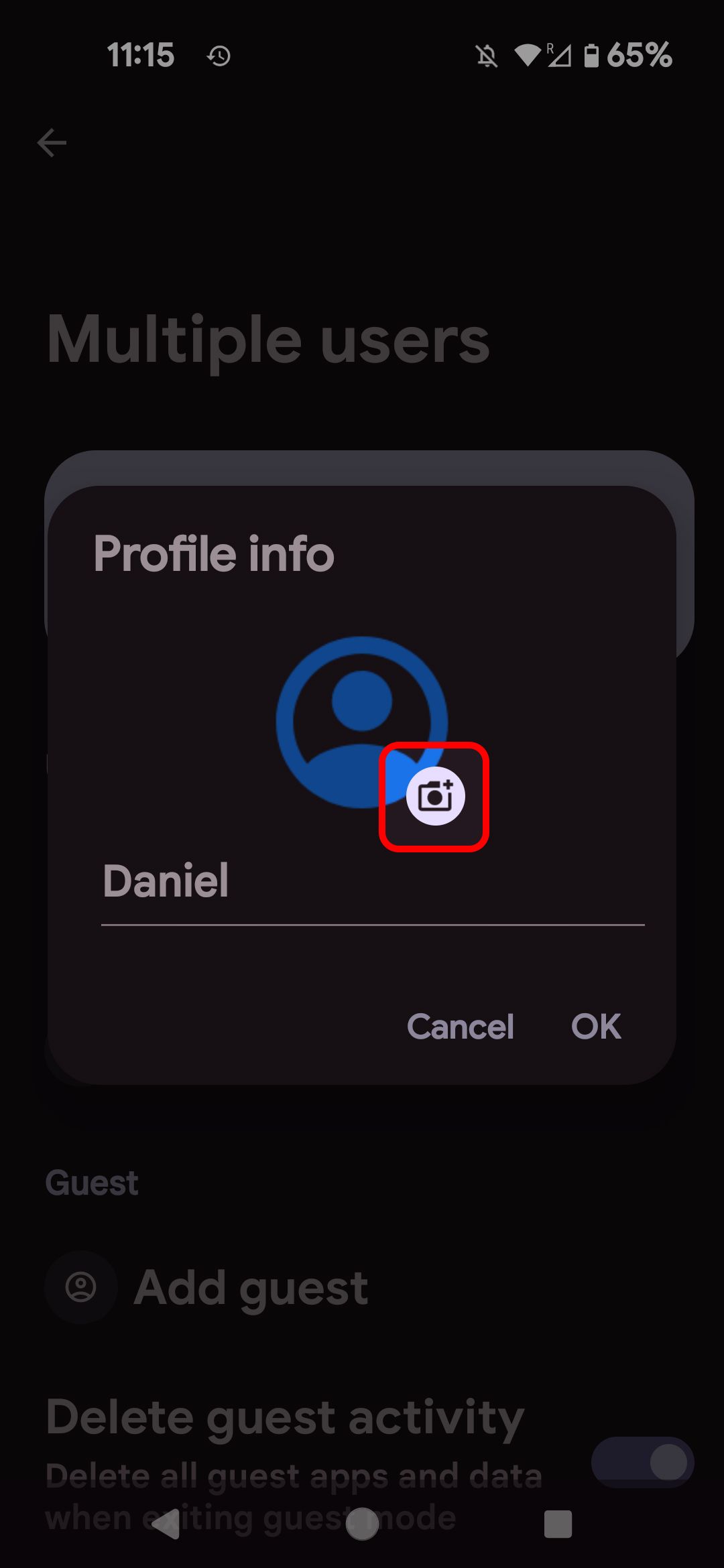 Informações do perfil do usuário Android destacando o ícone da câmera