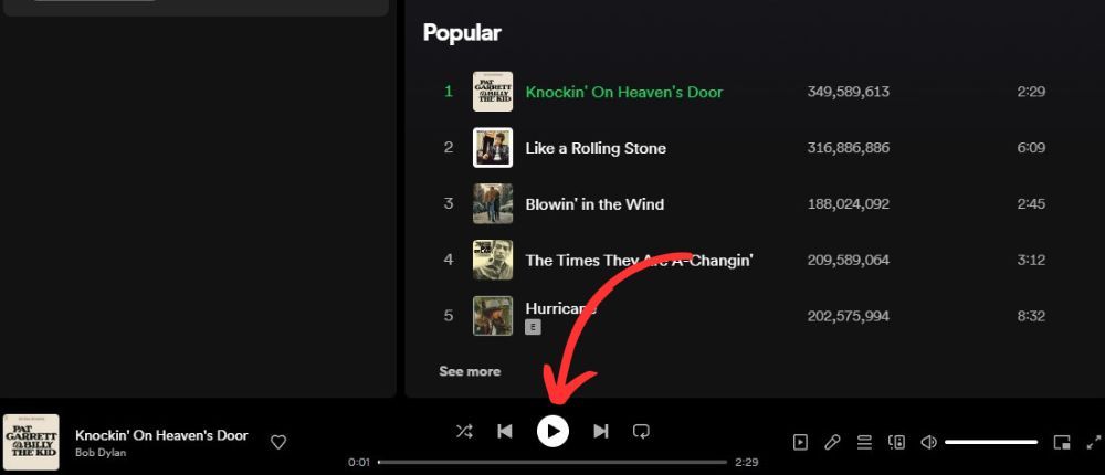 captura de tela de uma música tocando no aplicativo da web Spotify