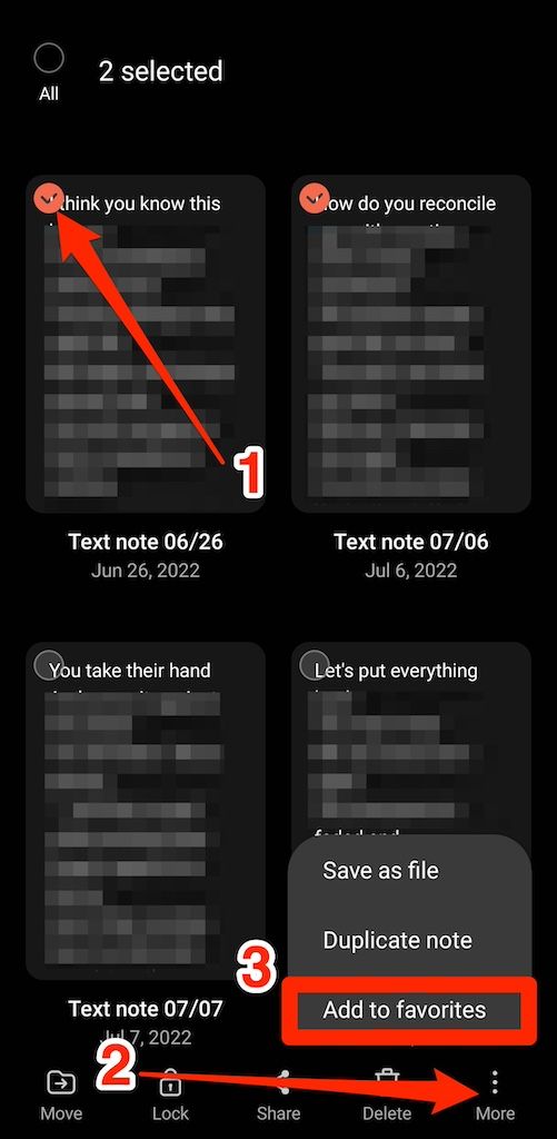 Adicionando notas aos favoritos no aplicativo Samsung Notes