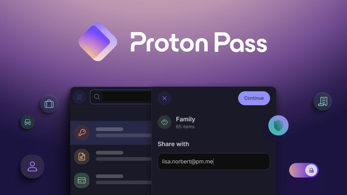 Imagem estilizada do compartilhamento de chaves do Proton Pass