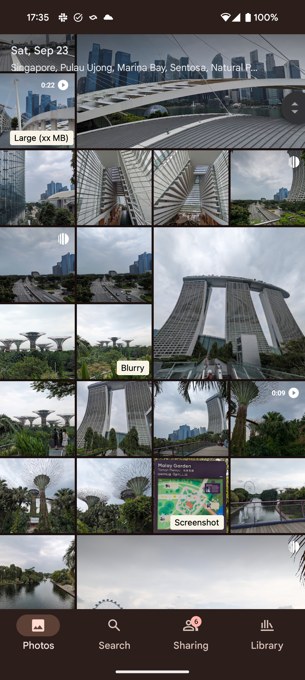 Maquete fictícia do modo de limpeza da biblioteca do Google Fotos com rótulos para mostrar arquivos grandes, imagens borradas e capturas de tela