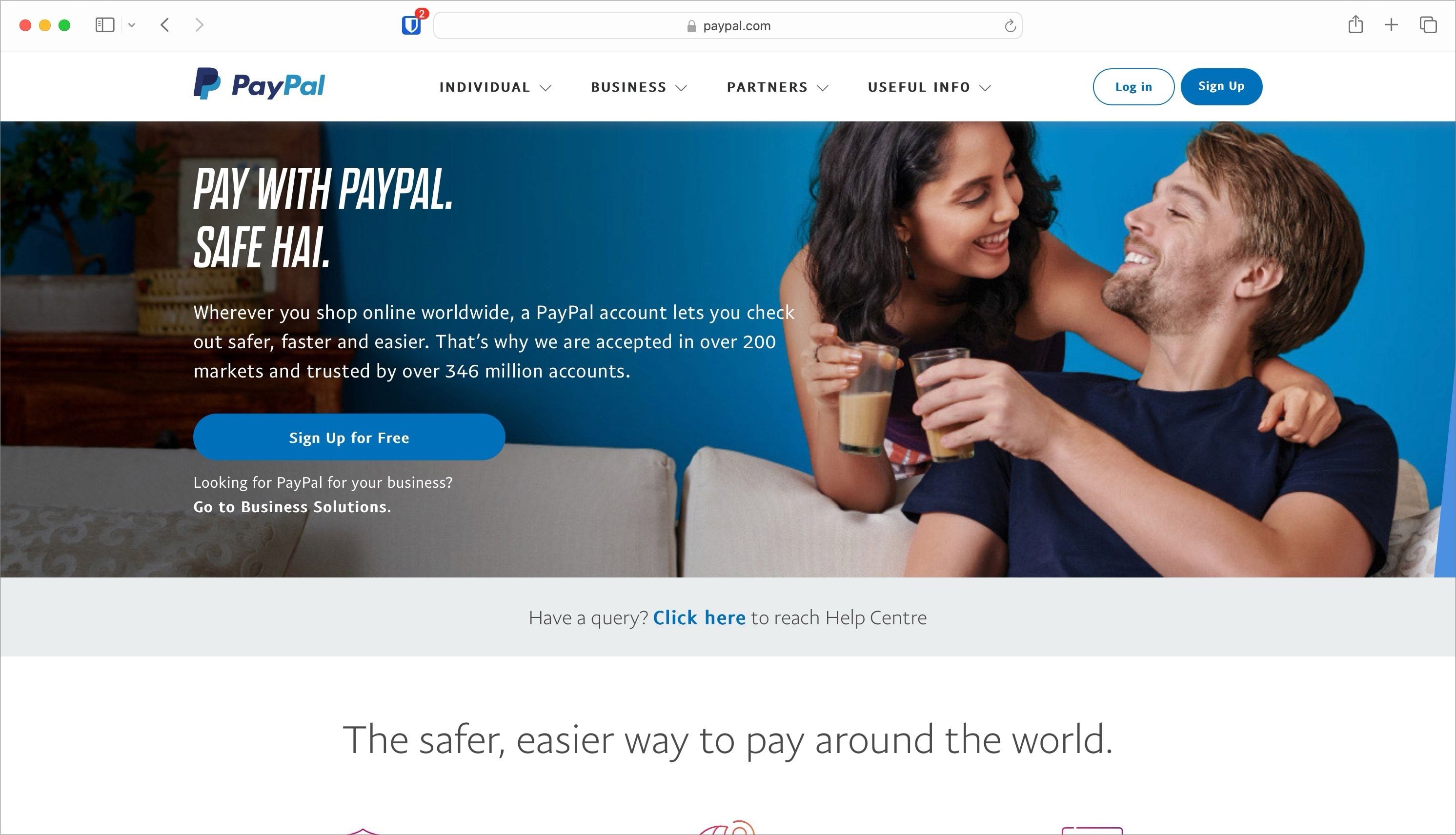 Captura de tela da página inicial do site do PayPal