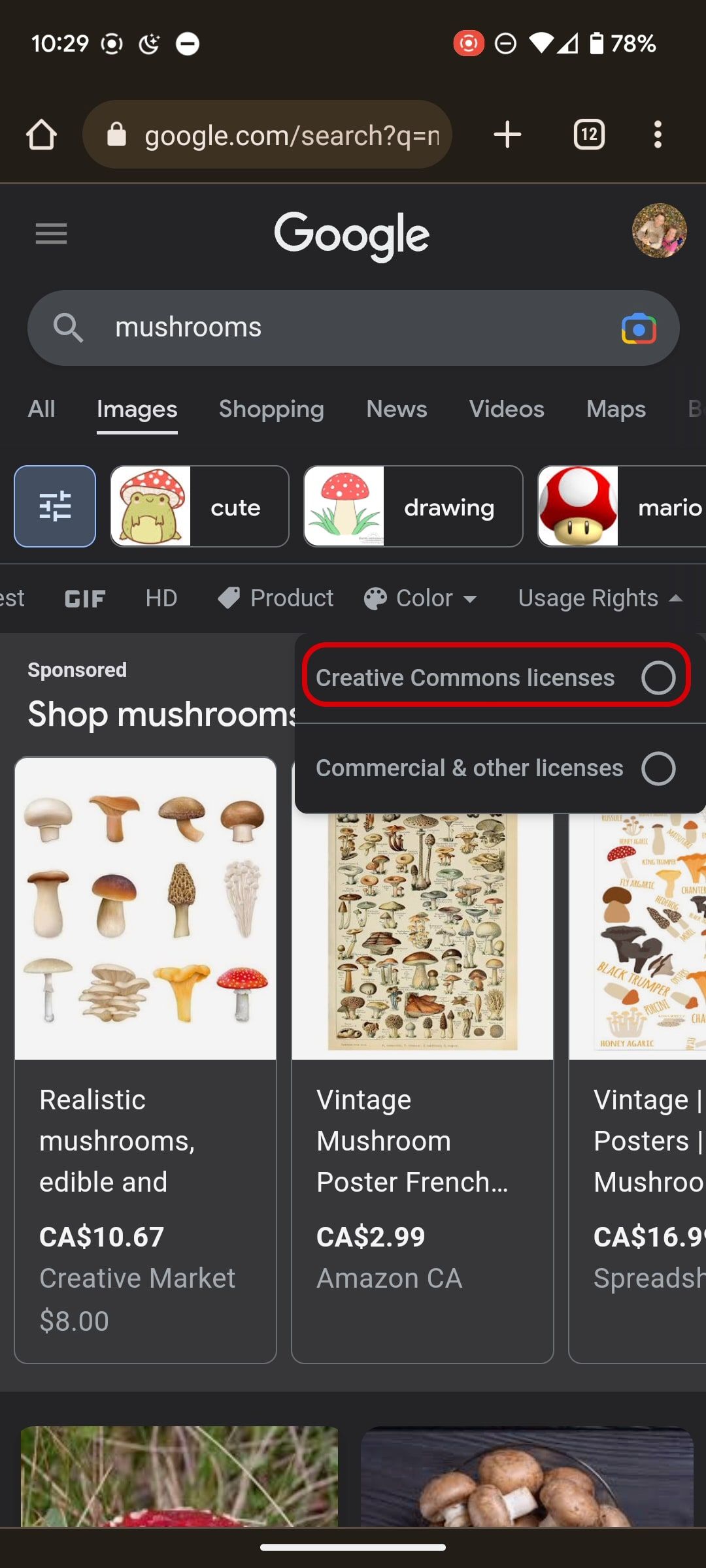 Captura de tela para escolher Creative Commons no Imagens do Google para celular