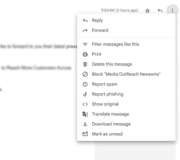 Captura de tela mostrando a opção de denunciar spam no Gmail