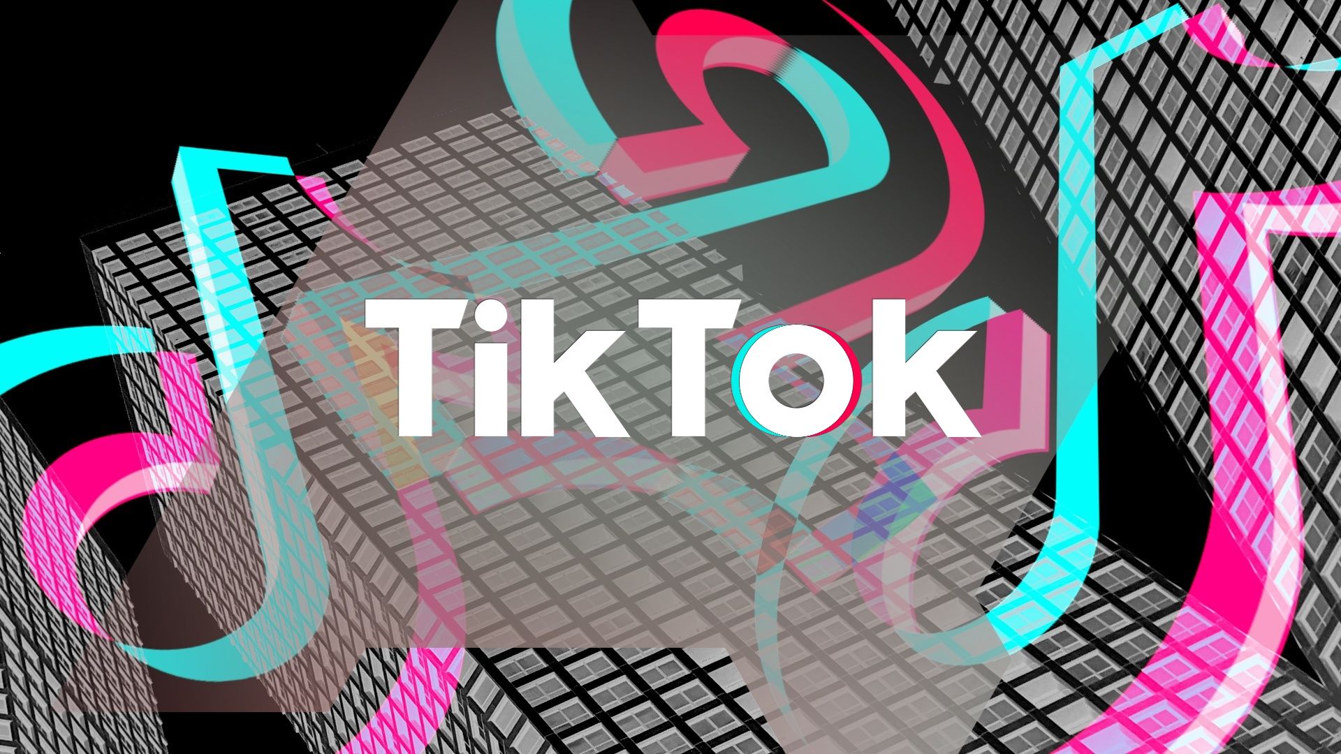 O logotipo do TikTok contra uma paisagem de arranha-céus