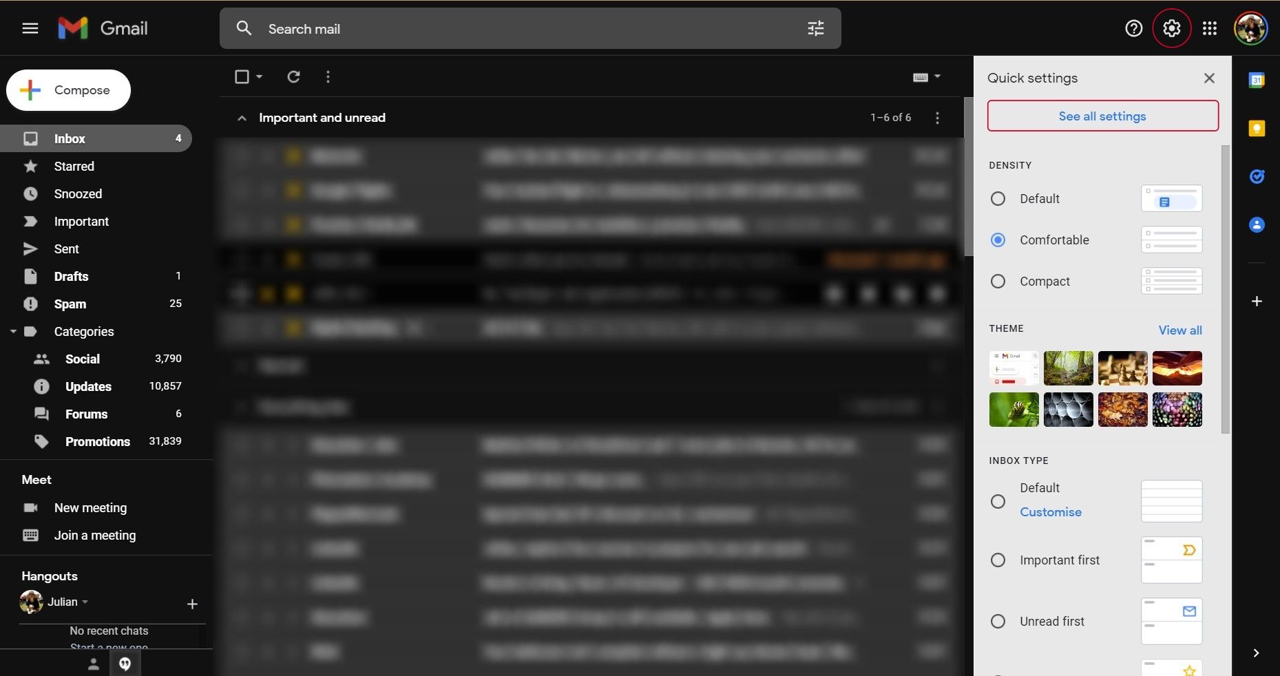 Uma caixa de entrada do Gmail com a engrenagem de configurações selecionada e o botão de todas as configurações destacado