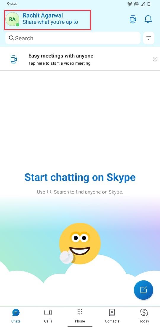 Captura de tela da tela inicial do aplicativo Skype para Android