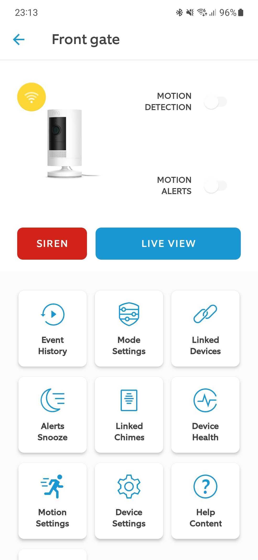 Captura de tela do aplicativo Ring mostrando o painel de uma câmera