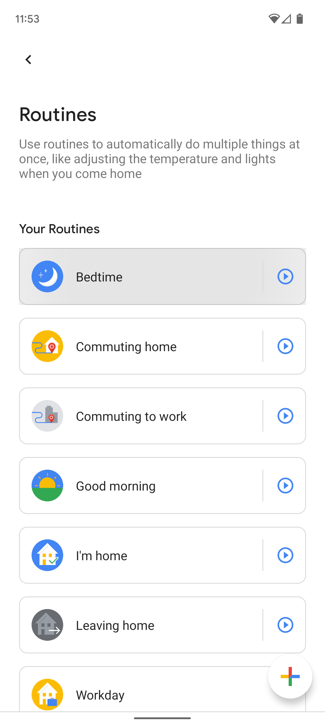 A página Rotinas do app Google Home.