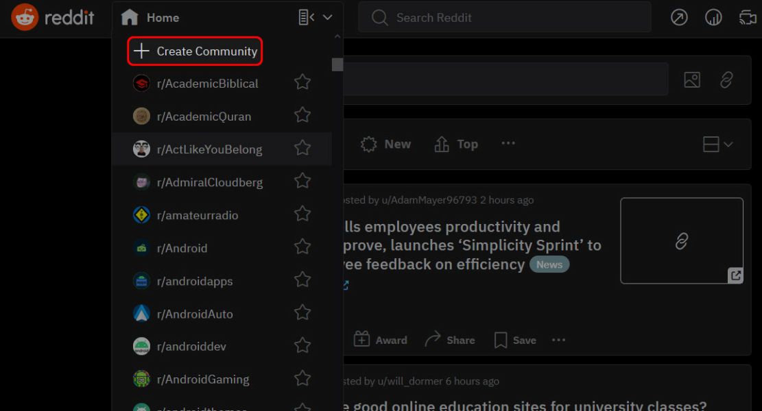 Captura de tela destacando a opção ‘Criar comunidade’ no Reddit