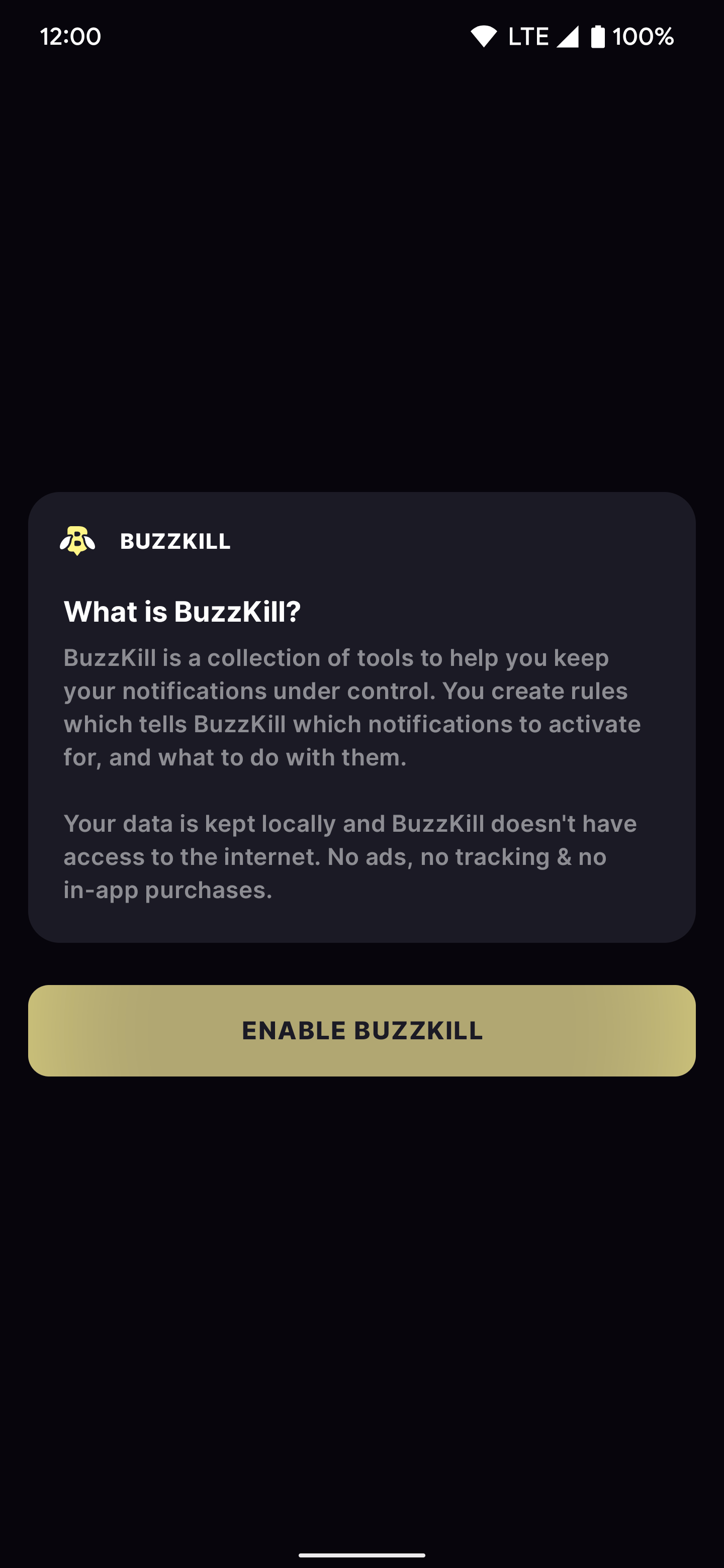 Uma captura de tela da página de configuração do aplicativo BuzzKill.