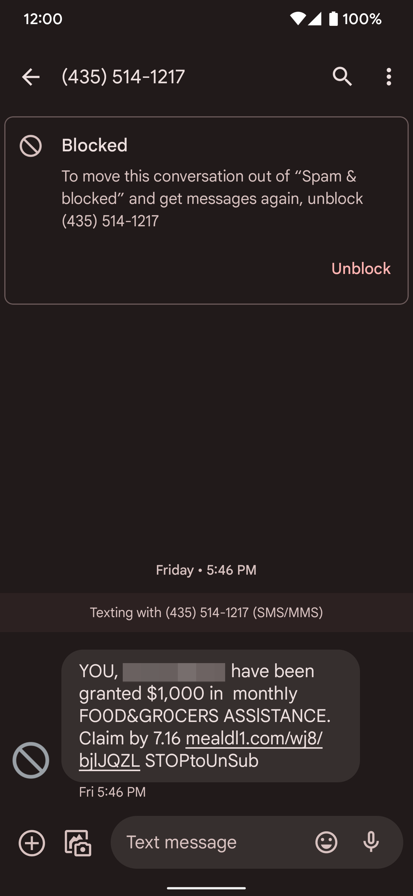 Uma captura de tela de uma mensagem SMS de spam bloqueada