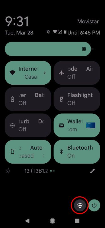 estoque do menu rápido do Android destacando o botão de configurações.