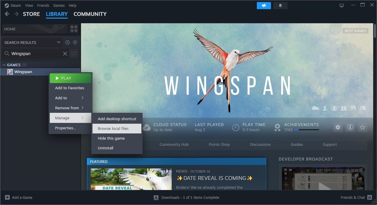 captura de tela da página da biblioteca Steam mostrando o jogo Wingspan