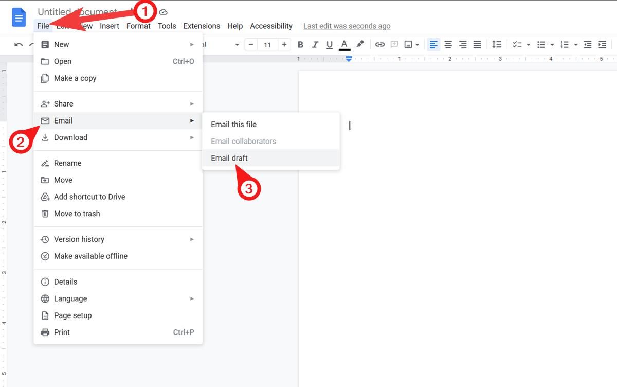 Captura de tela representando uma interface do Google Docs, com um guia passo a passo em destaque: 'Selecionar arquivo', depois 'E-mail', seguido de 'Rascunho de e-mail', cada etapa numerada sequencialmente para facilitar o entendimento.