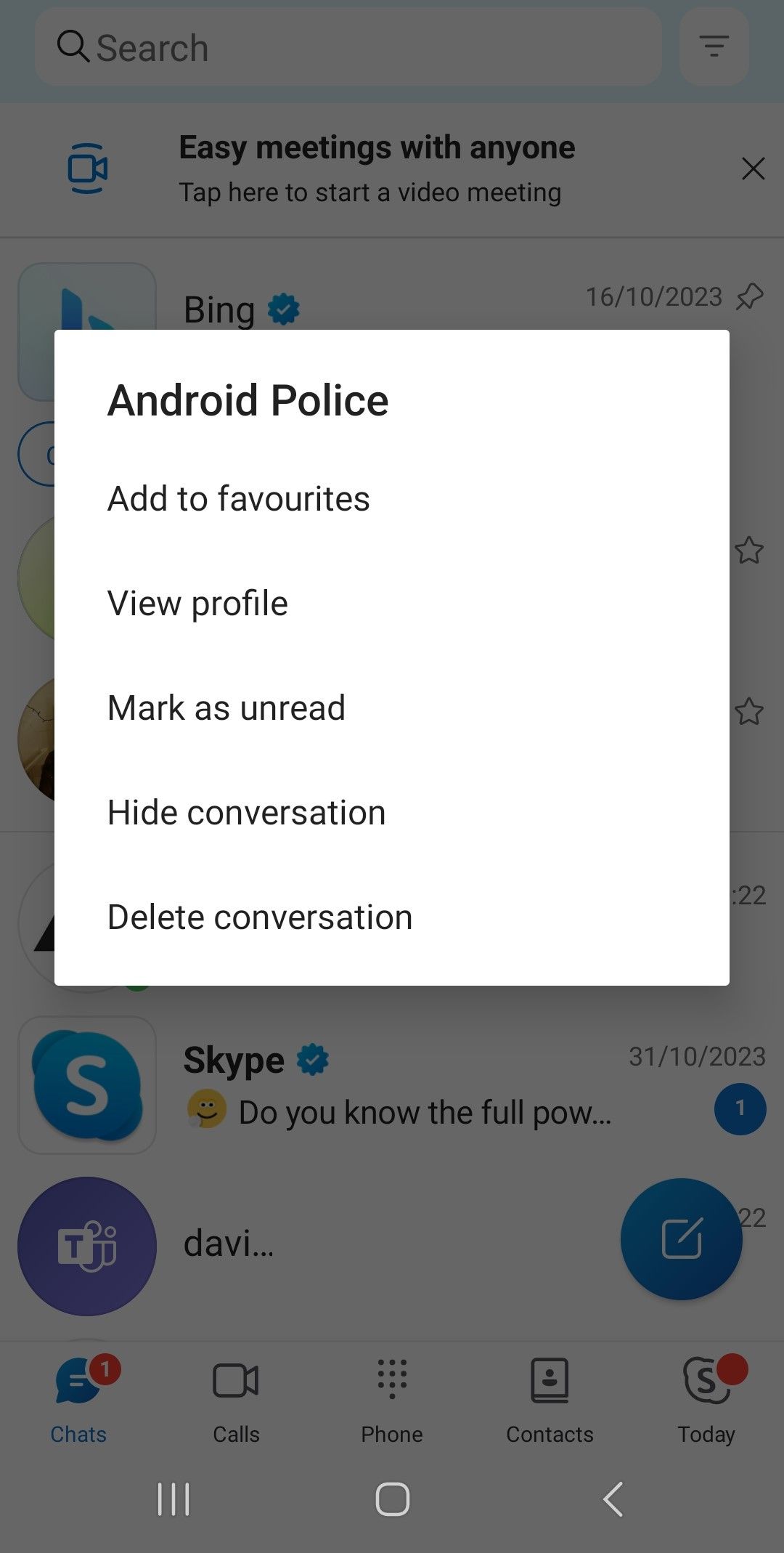 captura de tela do menu de opções de contato do Skype