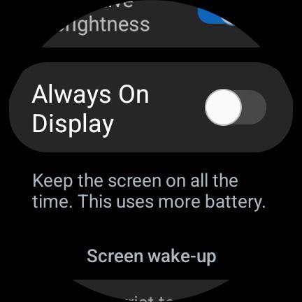 Captura de tela do Samsung Galaxy Watch 6 mostrando a alternância sempre em exibição