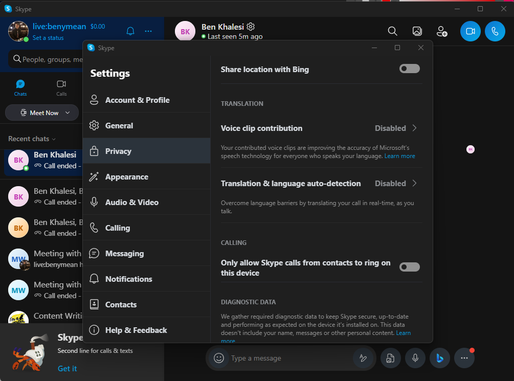 Captura de tela mostrando o menu Configurações de privacidade do Skype, com a opção ‘Permitir que apenas chamadas do Skype de contatos toquem neste dispositivo’ claramente destacada.