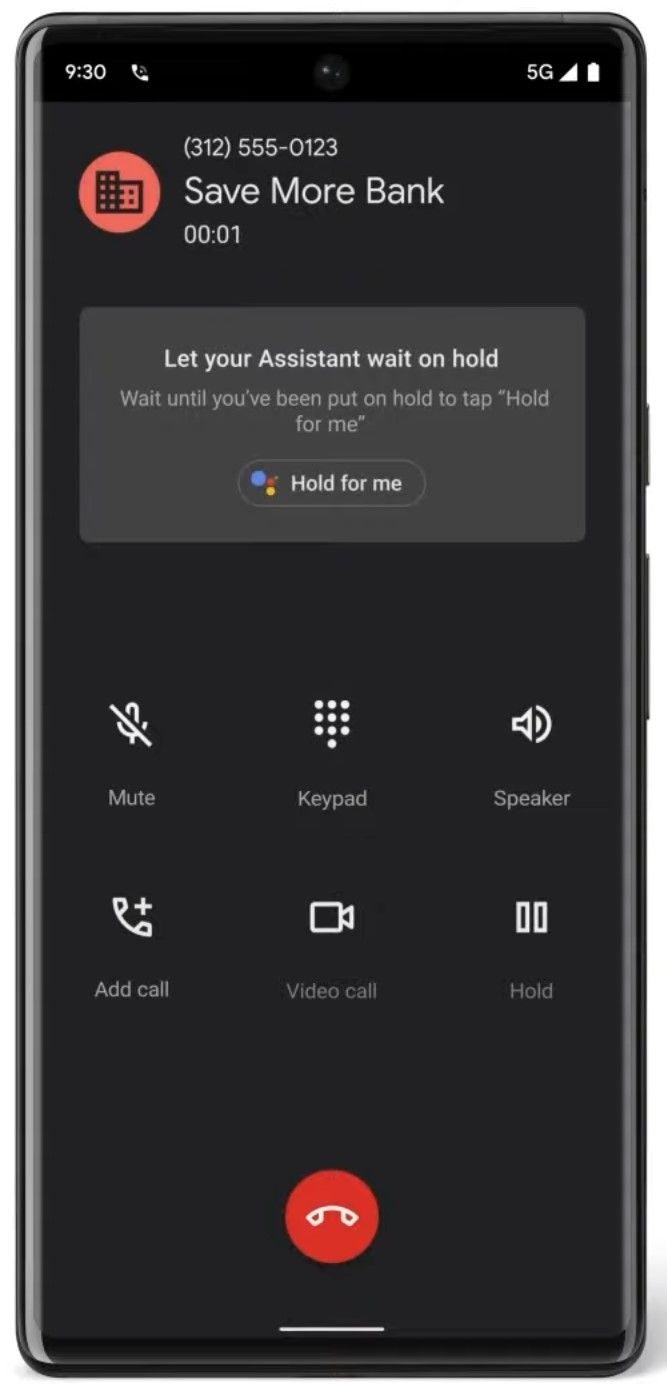 Uma chamada mostrando a opção Hold for Me em um smartphone Google Pixel.