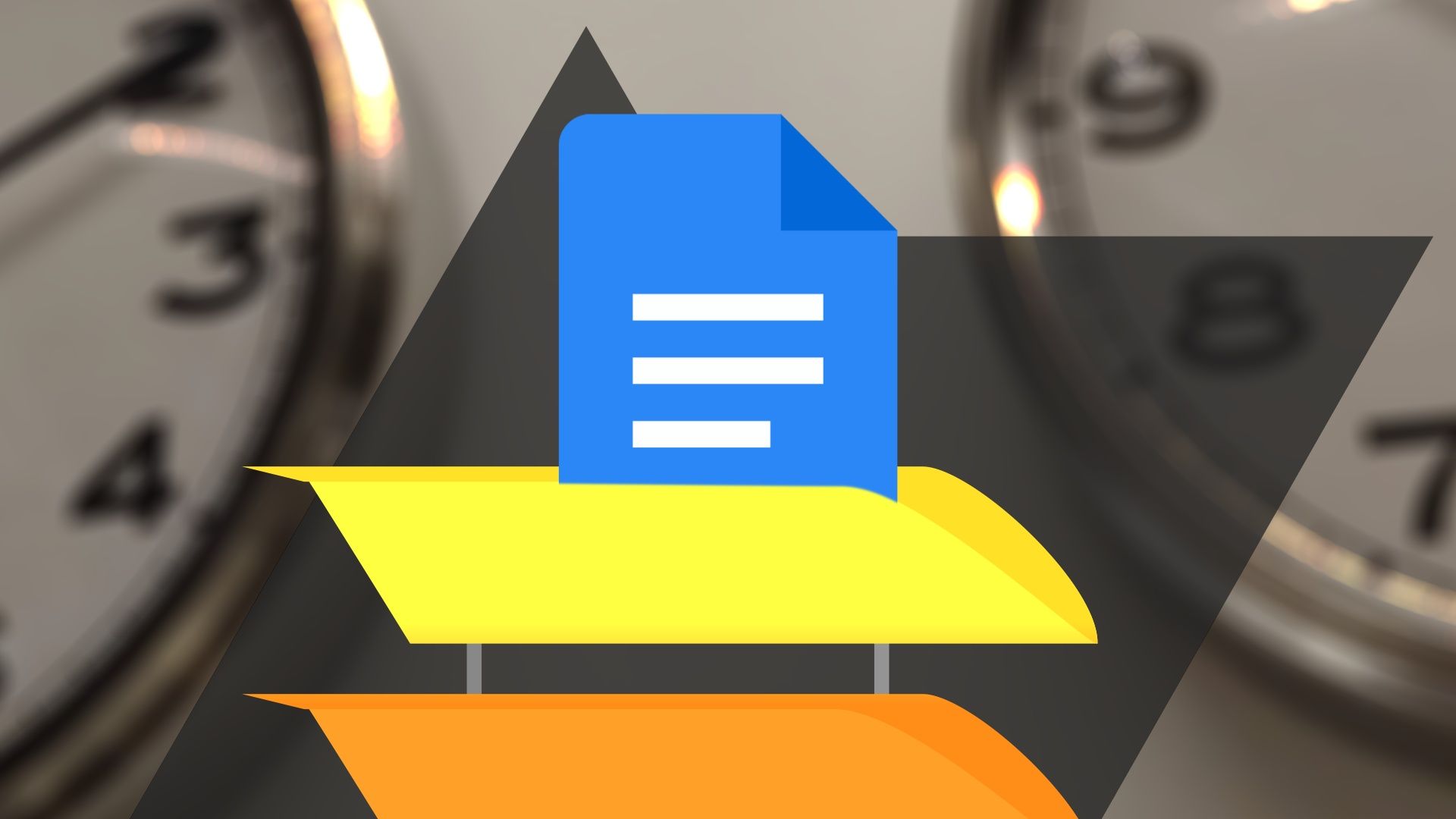 O ícone do Google Docs em uma caixa de entrada com relógios ao fundo.