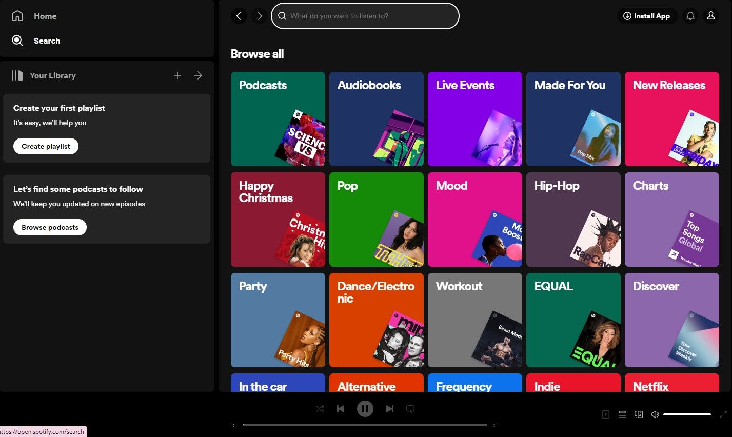 O web player do Spotify mostrando as opções de navegação.