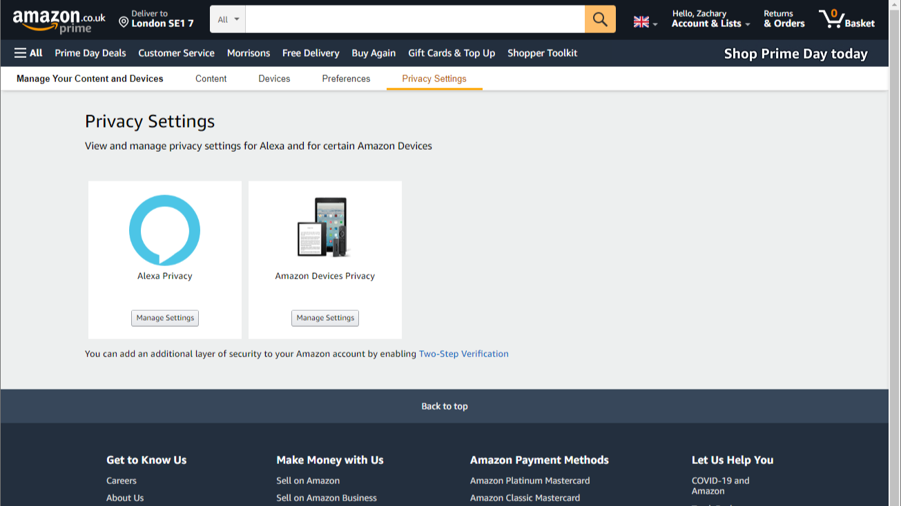 Página de configurações de privacidade da Amazon