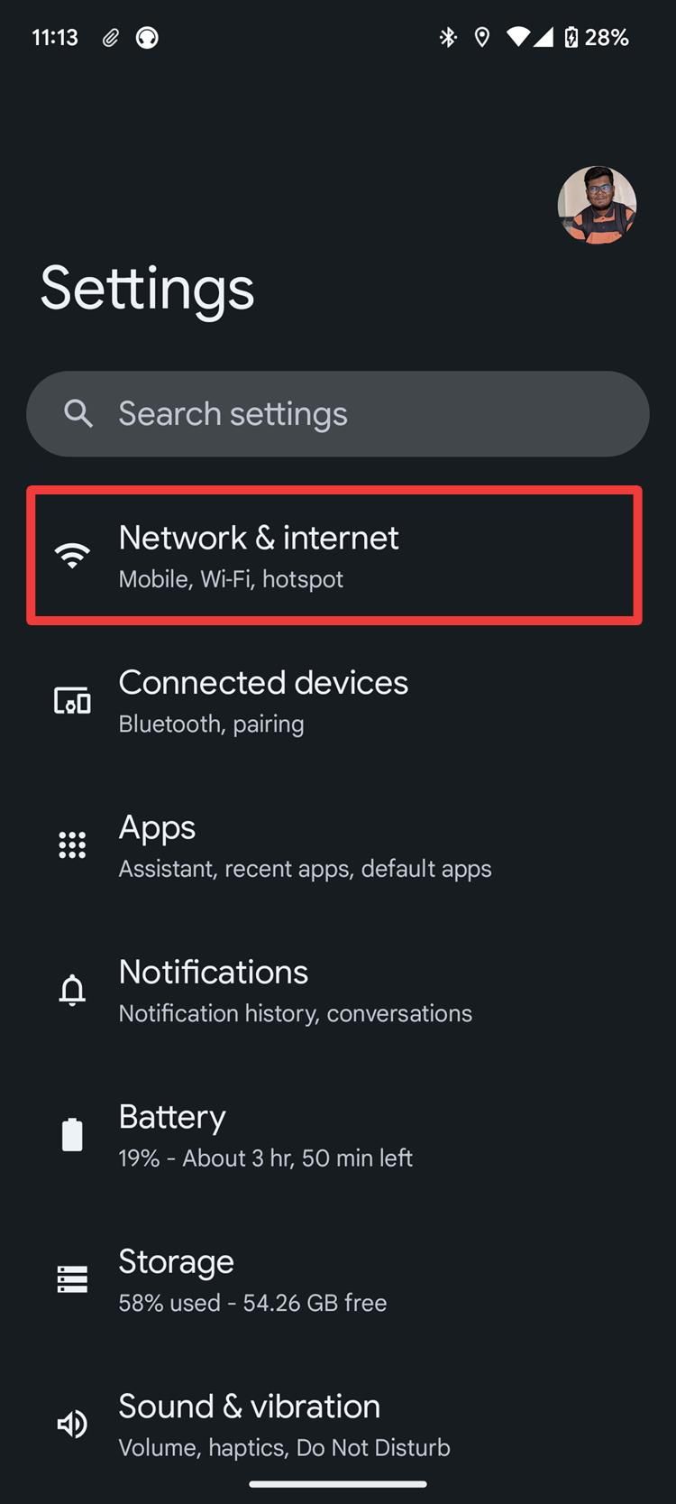 Uma captura de tela das configurações do Android mostrando as opções de rede.