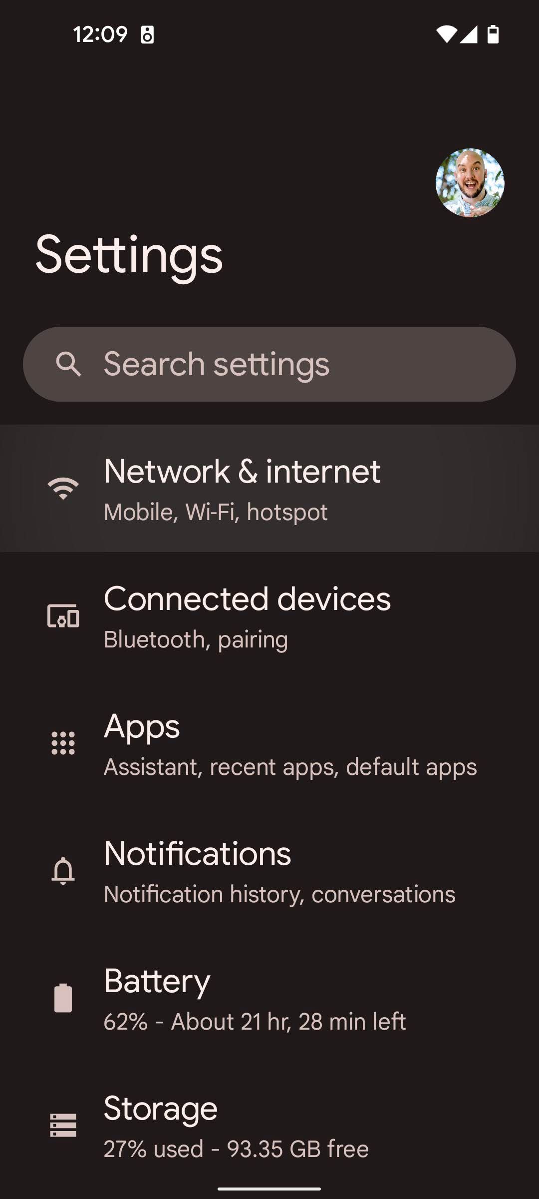 O menu Configurações em um telefone Android