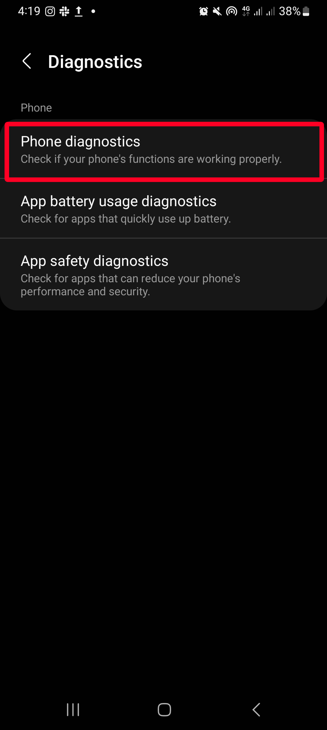 Uma captura de tela do menu Diagnóstico no aplicativo Samsung Members