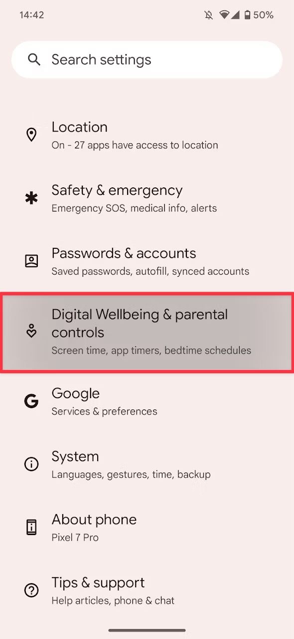 Captura de tela da página de configurações do Android mostrando o recurso de bem-estar digital