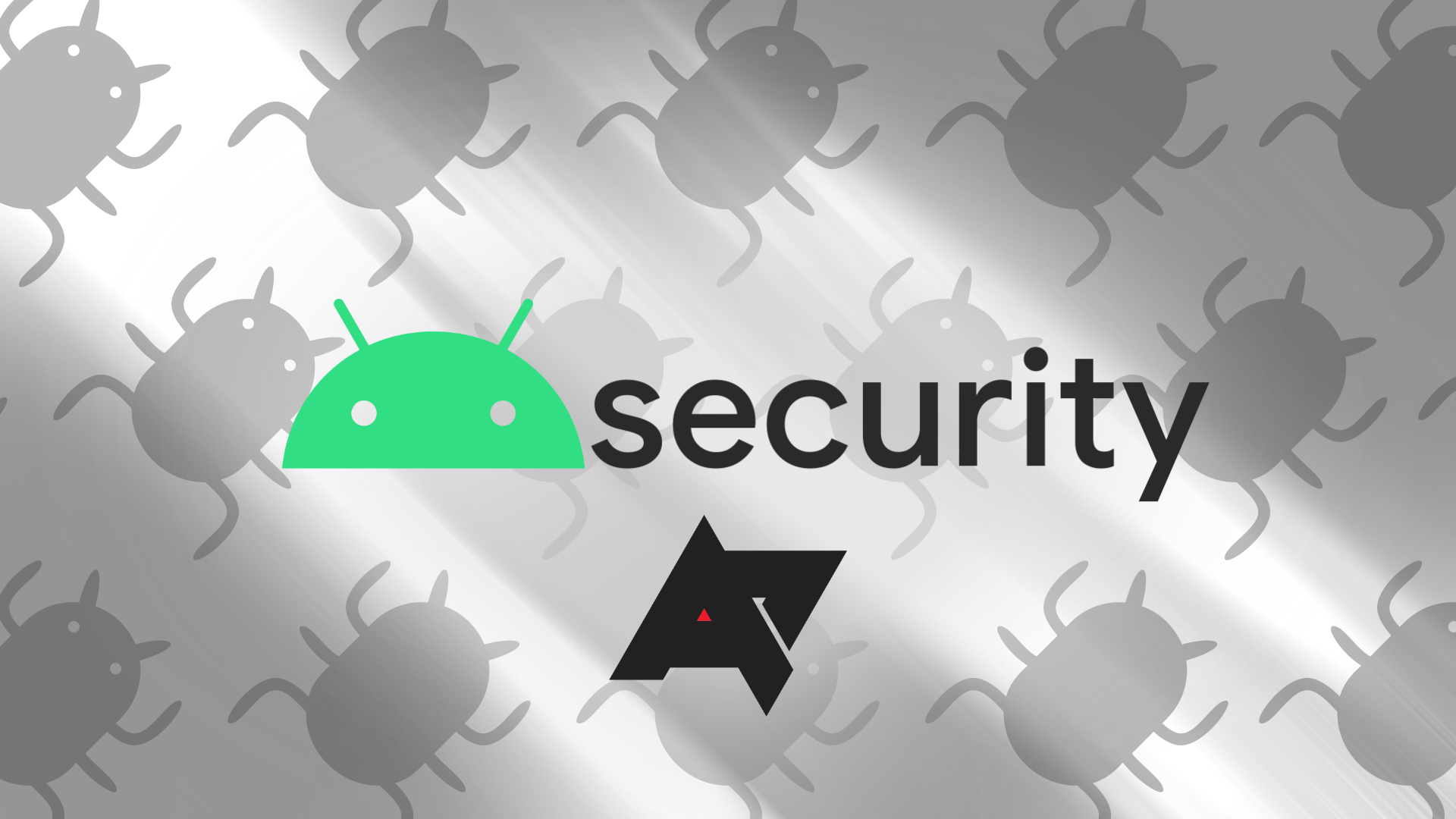 O logotipo do Android Security sobre um fundo cheio de bugs que representam vírus de computador