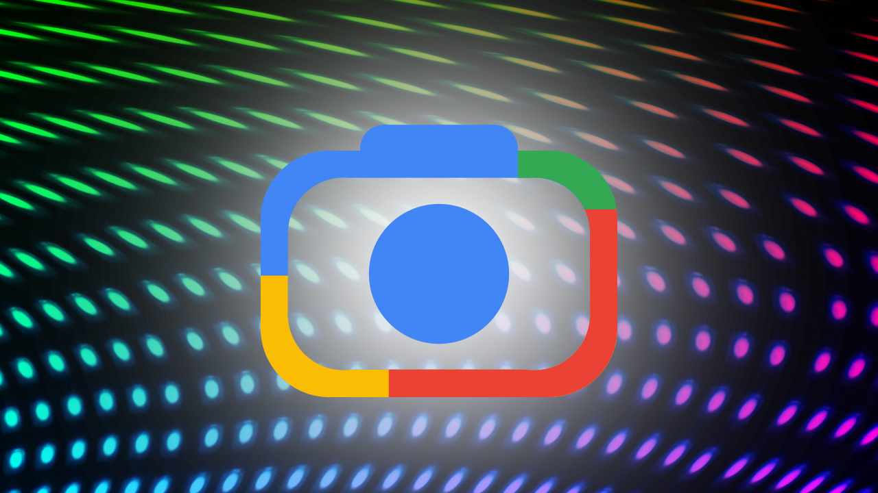 O logotipo do Google Lens é representado em um fundo preto, com pontos coloridos ao redor de uma forma central.  O logotipo representa a identidade visual diferenciada do Google Lens, uma ferramenta visualmente inteligente para dispositivos Android.