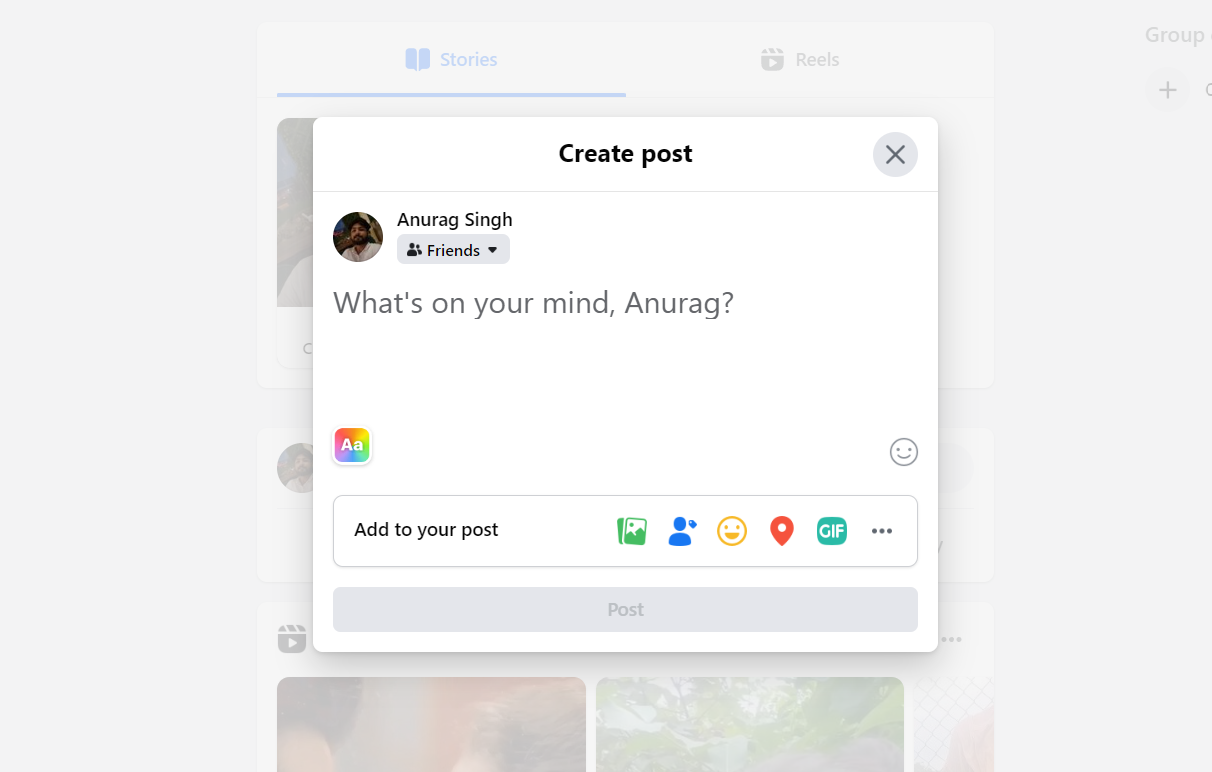 Captura de tela mostrando a janela para criar uma nova postagem no Facebook