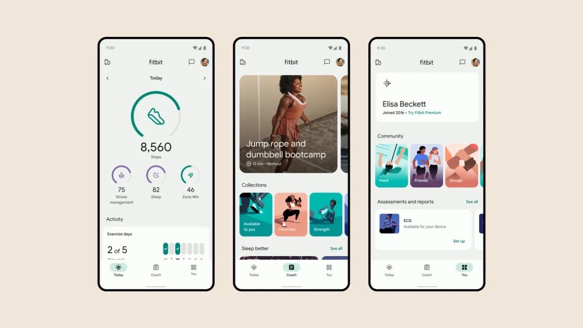 Três telas do Fitbit mostrando atividades, exercícios guiados e comunidades.