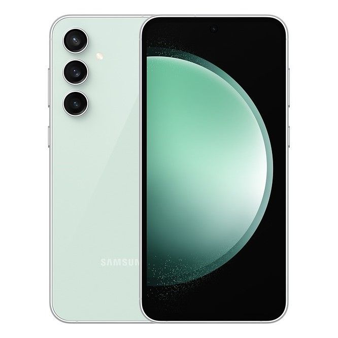 Frente e verso do Samsung Galaxy S23 FE em verde menta, sobre fundo branco
