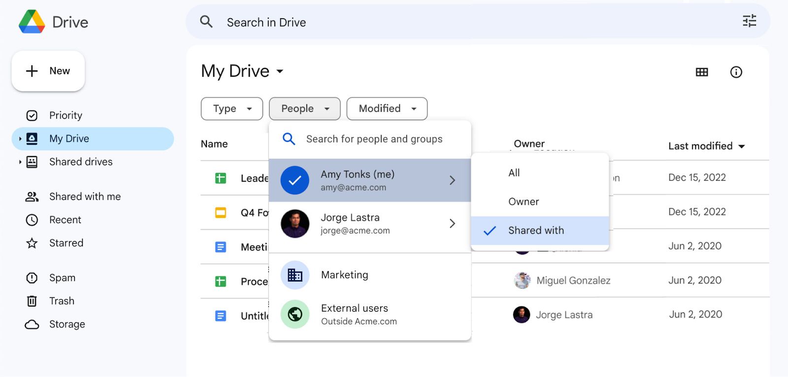 UI da web do Google Drive com opção de filtrar por pessoas