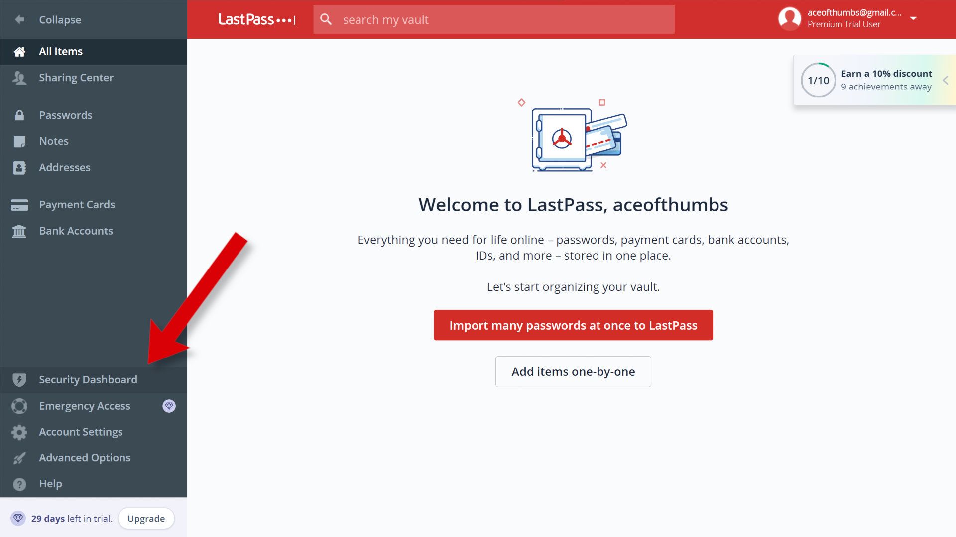 Uma captura de tela do LastPass mostrando o botão Painel de segurança