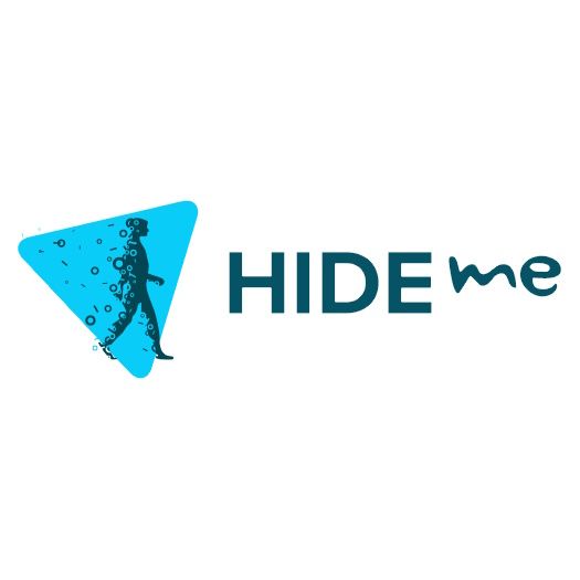 Logotipo da VPN Hide.me apresentando a silhueta de uma pessoa andando na frente de um triângulo azul junto com o nome da empresa