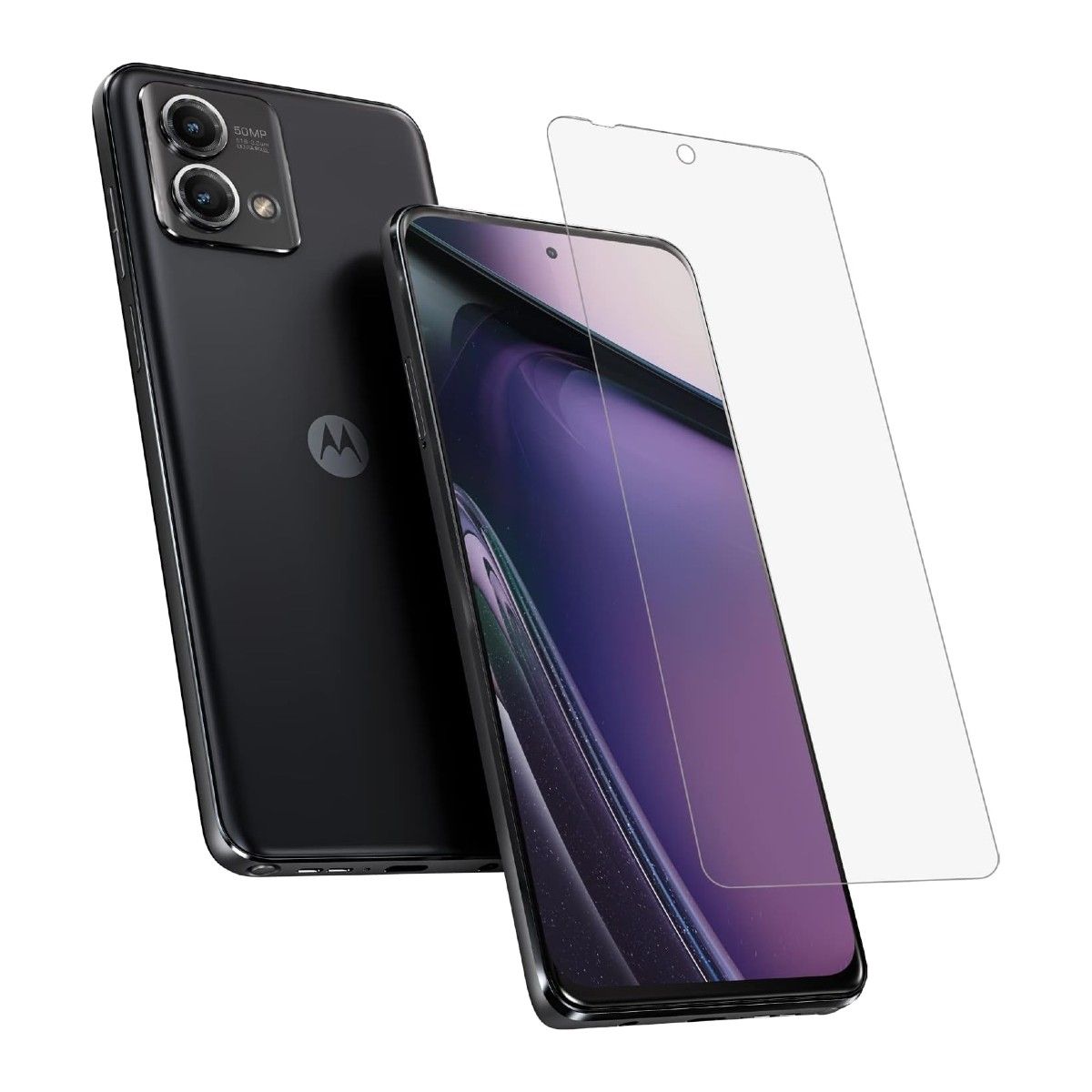 Um telefone Cosmic Black Motorola Essentials Moto G Stylus 5G (2023) e um protetor de tela de vidro