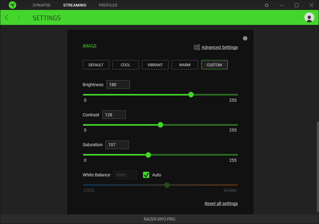 Captura de tela do Razer Central mostrando configurações de imagem