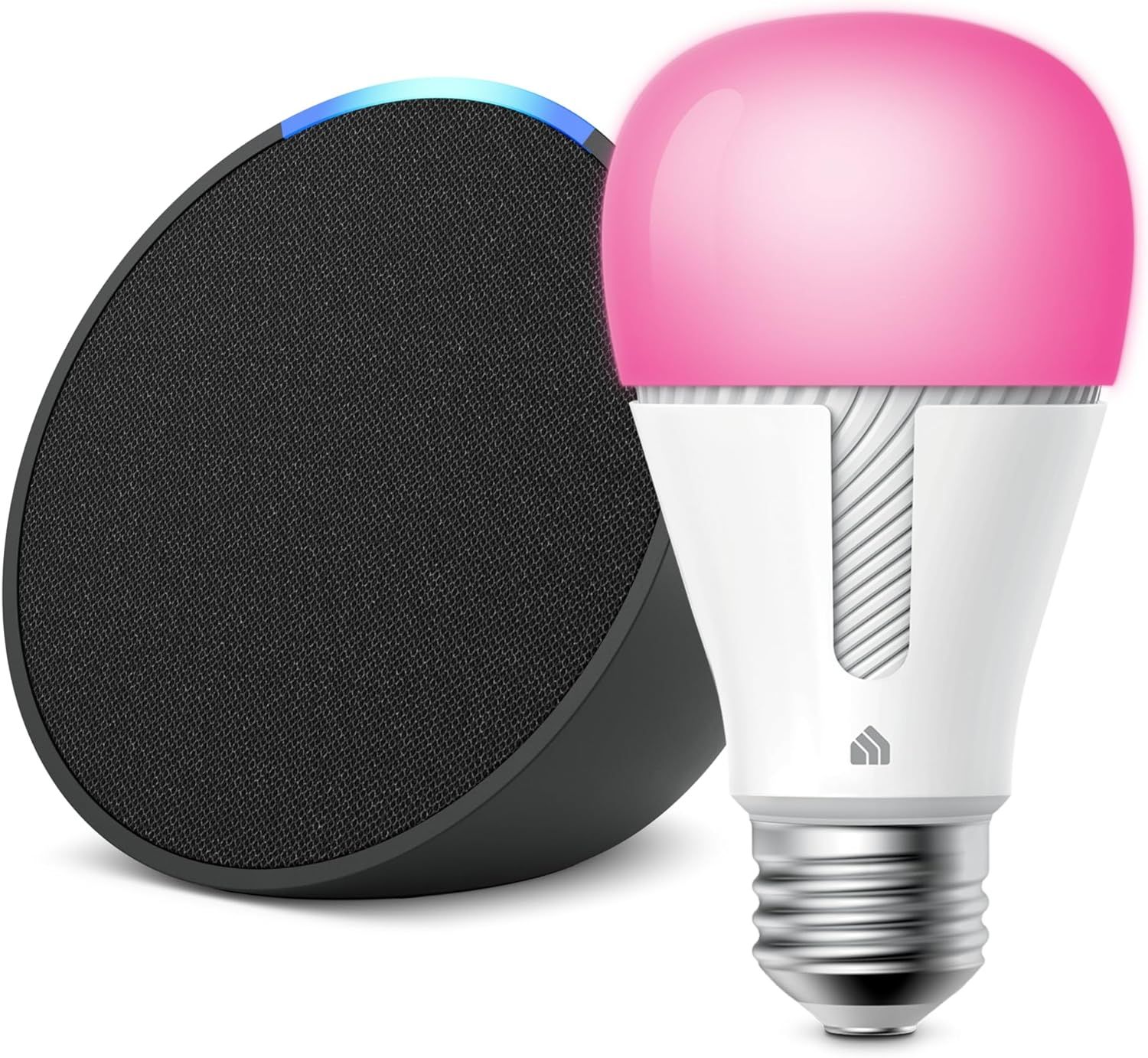 Uma lâmpada LED rosa na frente de um alto-falante inteligente preto
