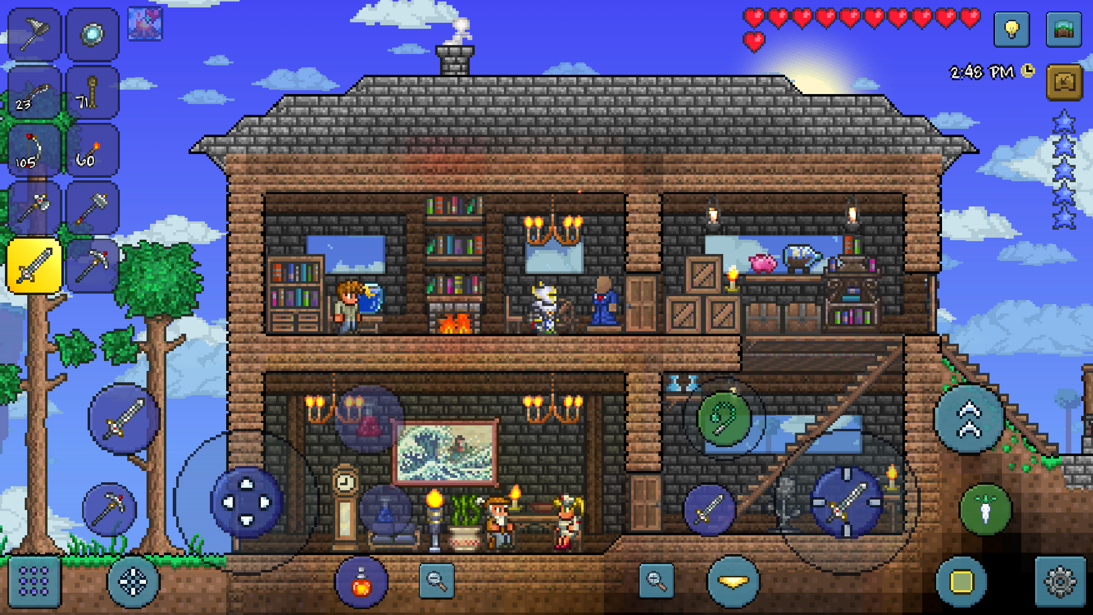 captura de tela do terraria mostrando uma casa de madeira em frente ao céu azul