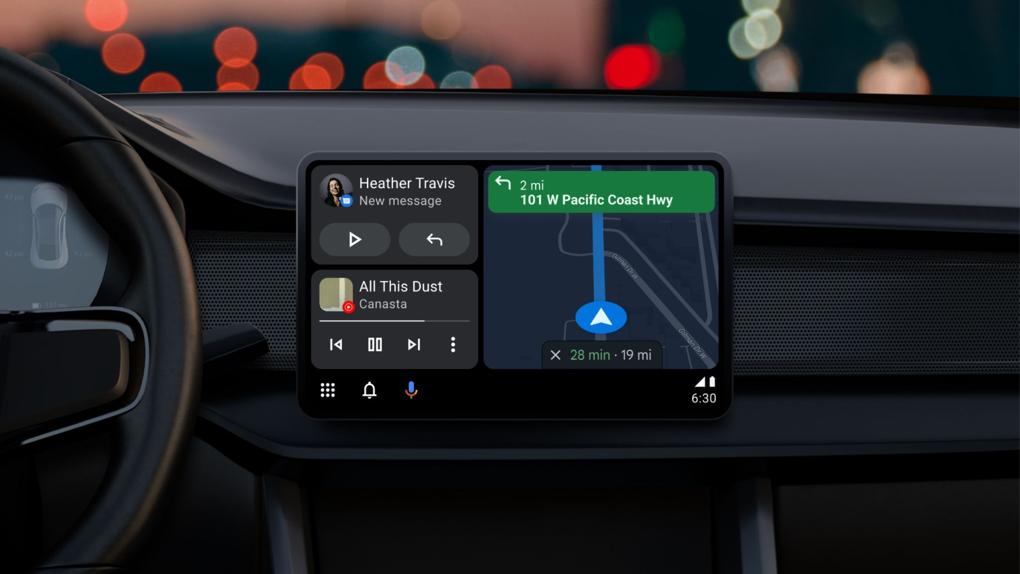 Painel do veículo com interface do Android Auto atualizada em foco