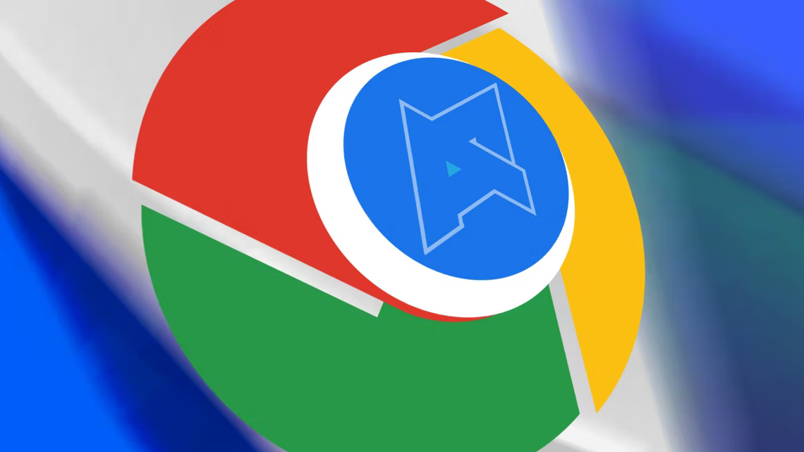 O logotipo do Google Chrome contra um fundo azul e branco.