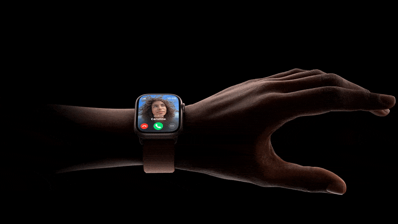 Animação de um toque duplo baseado no dedo em um Apple Watch.
