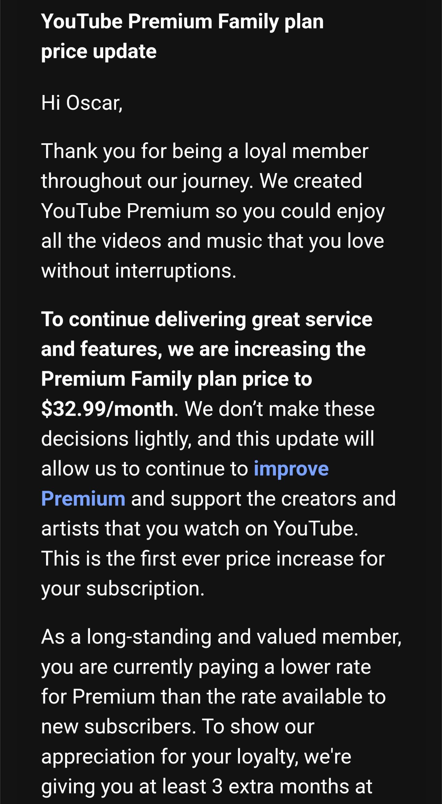 E-mail de aumento de preço do YouTube na Austrália